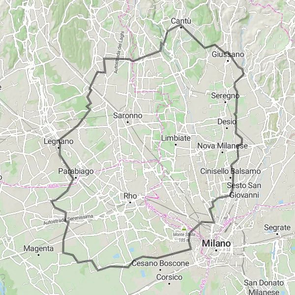 Mapa miniatúra "Trasa cez Muggiò, Arluno a Cantù" cyklistická inšpirácia v Lombardia, Italy. Vygenerované cyklistickým plánovačom trás Tarmacs.app