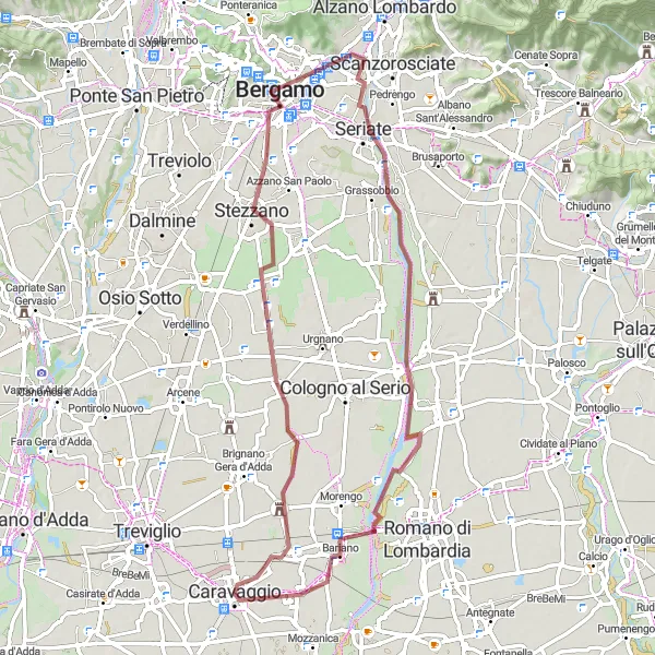 Miniatua del mapa de inspiración ciclista "Ruta de Grava desde Caravaggio a Cascine Bruciate" en Lombardia, Italy. Generado por Tarmacs.app planificador de rutas ciclistas