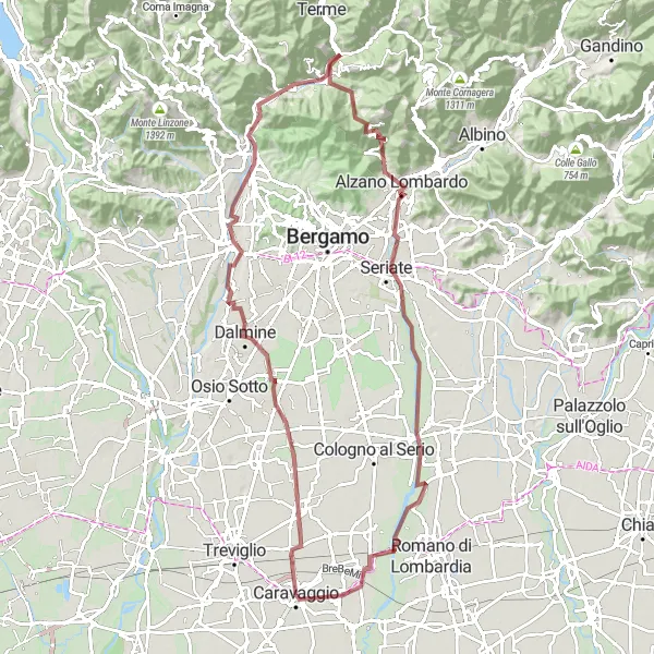 Map miniature of "Gravel Adventure in Lombardia" cycling inspiration in Lombardia, Italy. Generated by Tarmacs.app cycling route planner