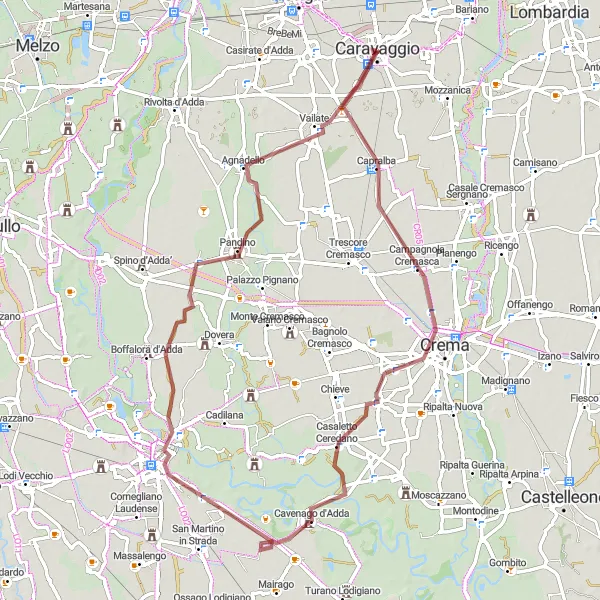 Map miniature of "Gravel Adventure around Caravaggio" cycling inspiration in Lombardia, Italy. Generated by Tarmacs.app cycling route planner