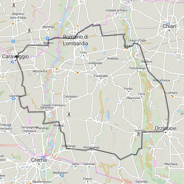 Miniatua del mapa de inspiración ciclista "Ruta en Carretera desde Caravaggio a Sergnano" en Lombardia, Italy. Generado por Tarmacs.app planificador de rutas ciclistas