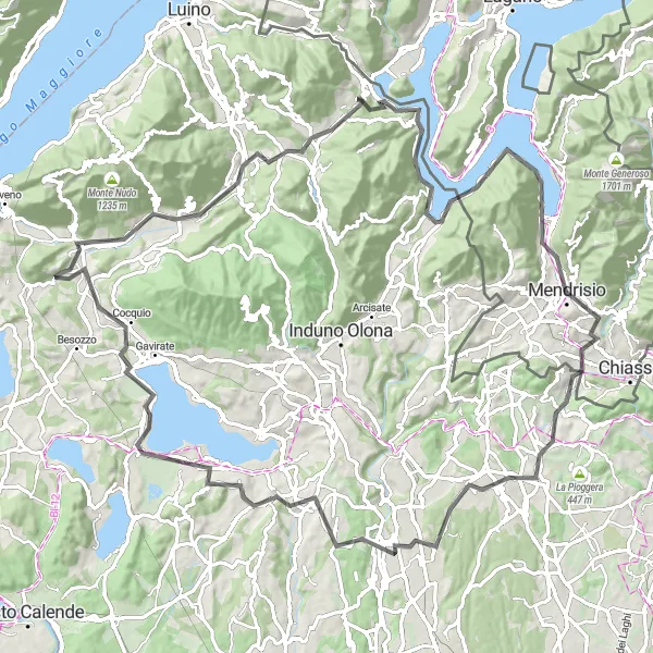 Miniatua del mapa de inspiración ciclista "Recorrido en carretera hasta Caravate y Porto Ceresio" en Lombardia, Italy. Generado por Tarmacs.app planificador de rutas ciclistas