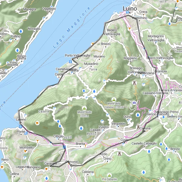 Miniatua del mapa de inspiración ciclista "Ruta de Caravate a Luino" en Lombardia, Italy. Generado por Tarmacs.app planificador de rutas ciclistas