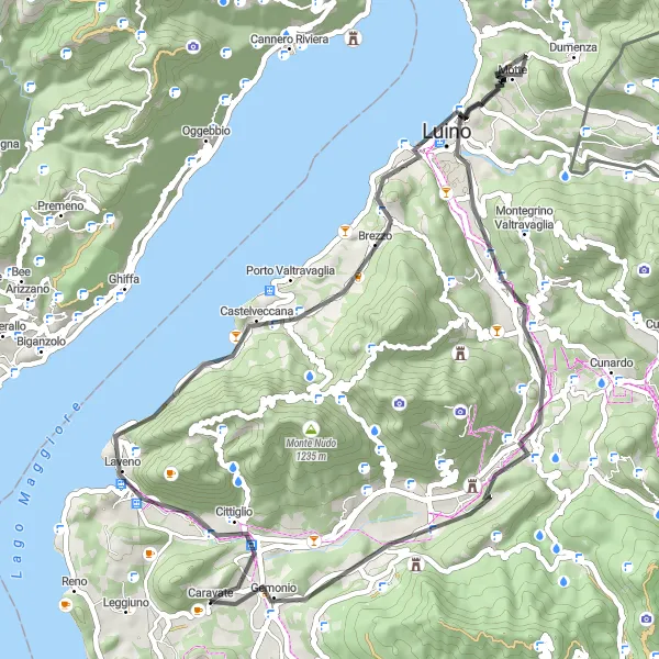 Map miniature of "Belvedere and Luino Exploration" cycling inspiration in Lombardia, Italy. Generated by Tarmacs.app cycling route planner