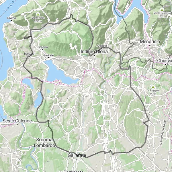 Miniatua del mapa de inspiración ciclista "Circuito en carretera a Besozzo desde Caravate" en Lombardia, Italy. Generado por Tarmacs.app planificador de rutas ciclistas