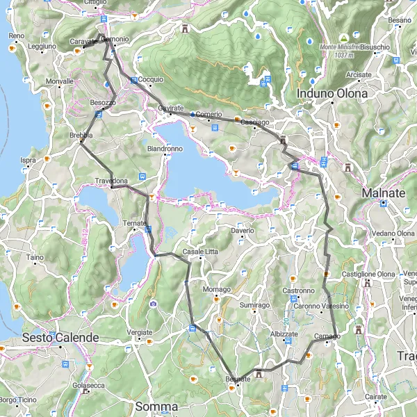 Map miniature of "Cycling Adventure from Caravate to Brebbia" cycling inspiration in Lombardia, Italy. Generated by Tarmacs.app cycling route planner