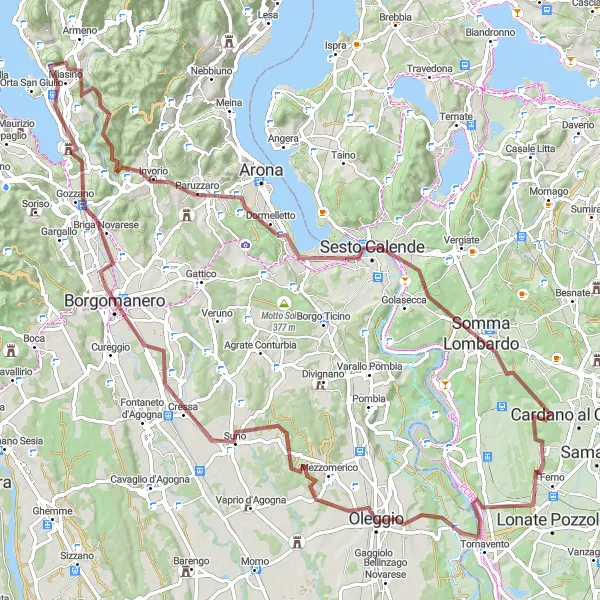 Miniatura della mappa di ispirazione al ciclismo "Giro dei Laghi del Vergante" nella regione di Lombardia, Italy. Generata da Tarmacs.app, pianificatore di rotte ciclistiche