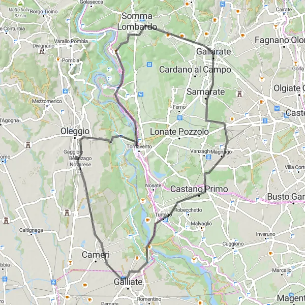 Miniature de la carte de l'inspiration cycliste "Boucle de Gallarate" dans la Lombardia, Italy. Générée par le planificateur d'itinéraire cycliste Tarmacs.app