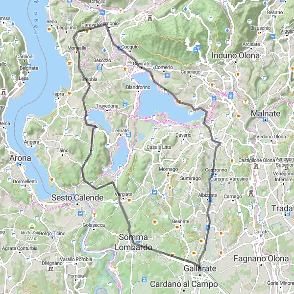 Map miniature of "Lombardia Lake Circuit: Somma Lombardo to Albizzate" cycling inspiration in Lombardia, Italy. Generated by Tarmacs.app cycling route planner