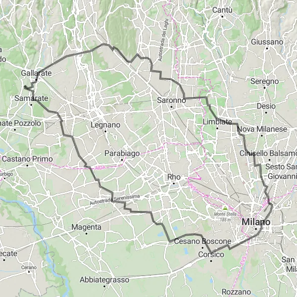 Map miniature of "Cardano al Campo to Gallarate Loop" cycling inspiration in Lombardia, Italy. Generated by Tarmacs.app cycling route planner