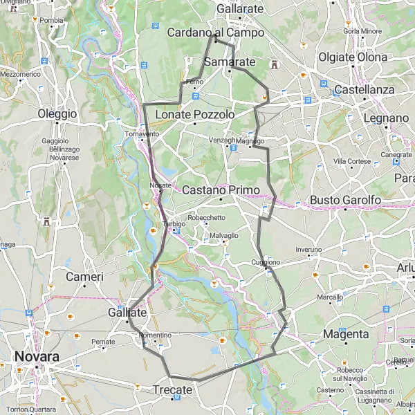 Miniature de la carte de l'inspiration cycliste "Parcours routier entre Cardano al Campo et Ferno" dans la Lombardia, Italy. Générée par le planificateur d'itinéraire cycliste Tarmacs.app