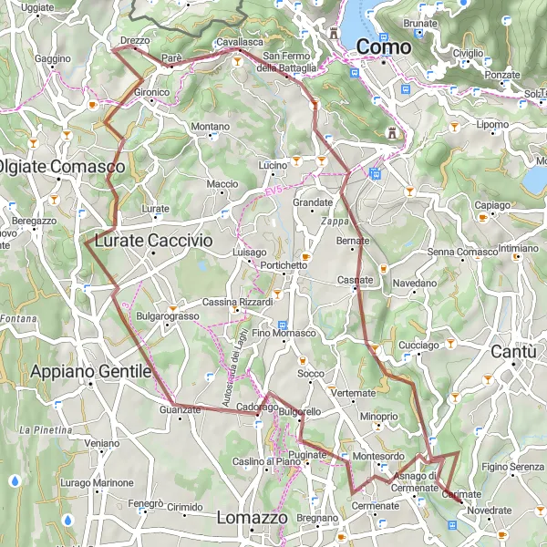 Miniatura della mappa di ispirazione al ciclismo "Avventura in bicicletta gravel tra Cadorago e Cucciago" nella regione di Lombardia, Italy. Generata da Tarmacs.app, pianificatore di rotte ciclistiche