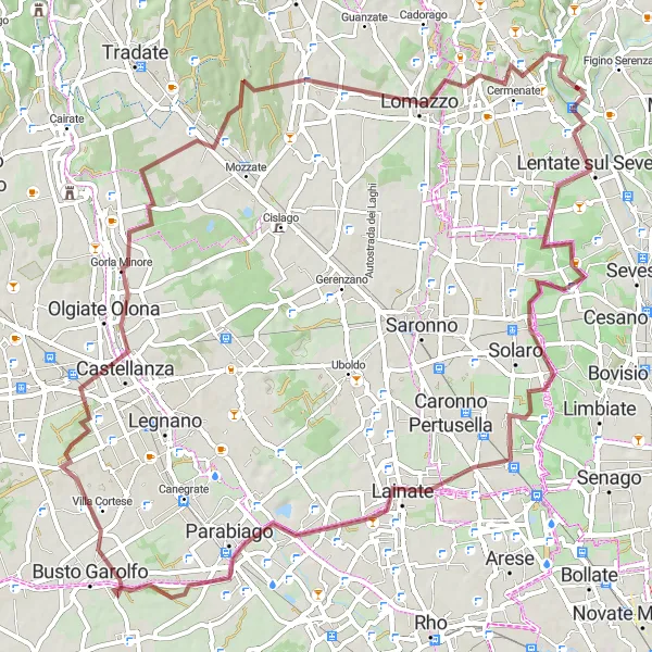 Miniatura della mappa di ispirazione al ciclismo "Esplorazione in gravel da Ceriano Laghetto a Cermenate" nella regione di Lombardia, Italy. Generata da Tarmacs.app, pianificatore di rotte ciclistiche