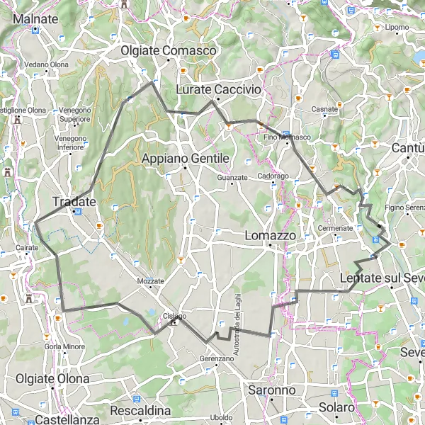 Miniature de la carte de l'inspiration cycliste "Boucle à partir de Carimate" dans la Lombardia, Italy. Générée par le planificateur d'itinéraire cycliste Tarmacs.app