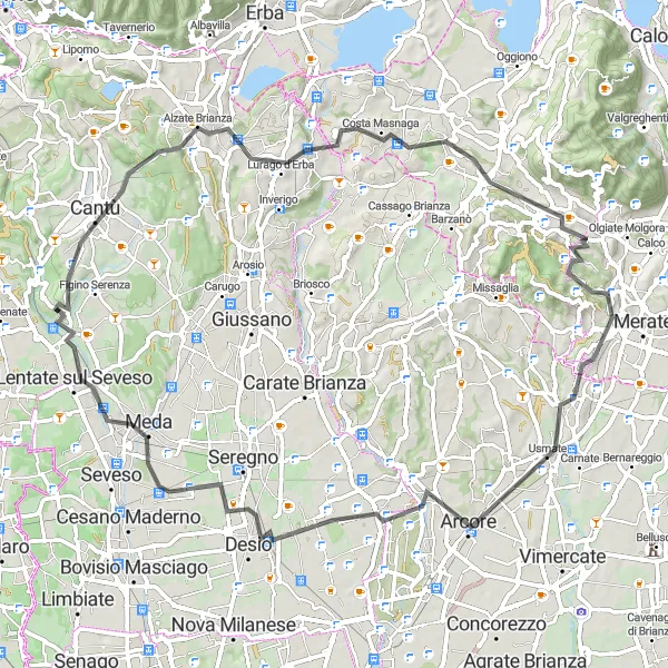 Miniaturní mapa "Trasa okolo Carimate" inspirace pro cyklisty v oblasti Lombardia, Italy. Vytvořeno pomocí plánovače tras Tarmacs.app