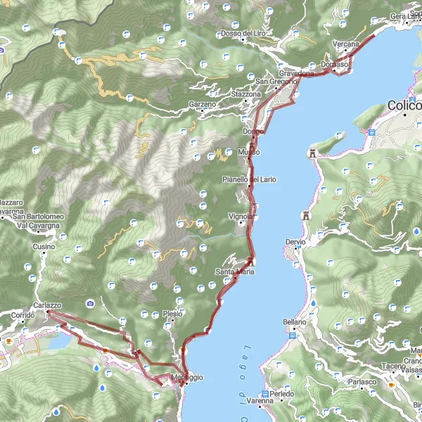 Zemljevid v pomanjšavi "Okoliš Carlazza - Menaggio - Dongo - Mirandola" kolesarske inspiracije v Lombardia, Italy. Generirano z načrtovalcem kolesarskih poti Tarmacs.app