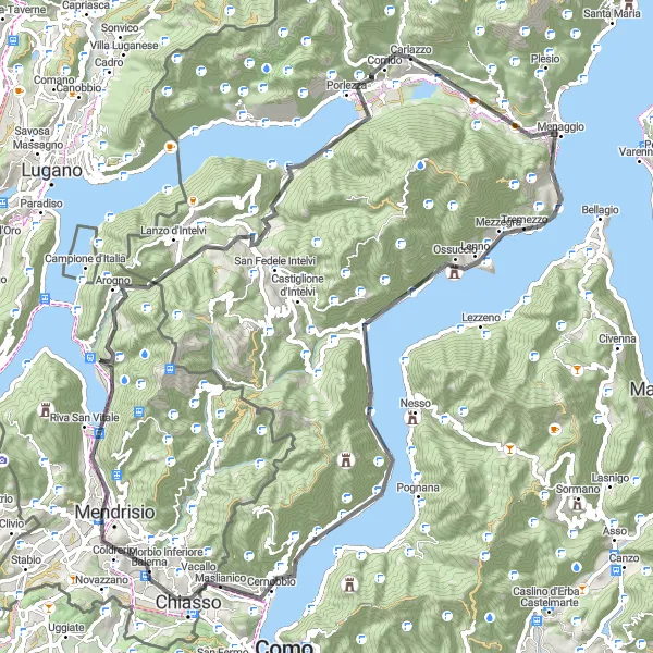 Miniatua del mapa de inspiración ciclista "Camino a Cernobbio en Bicicleta de Carretera" en Lombardia, Italy. Generado por Tarmacs.app planificador de rutas ciclistas