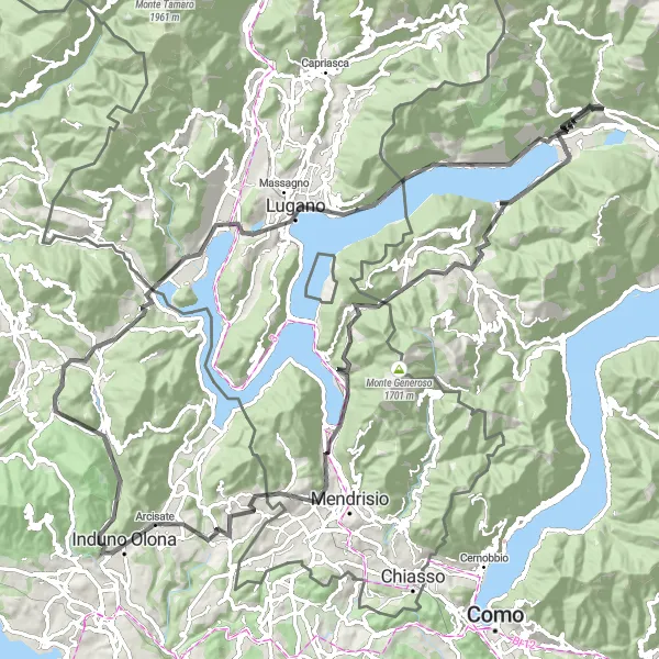Zemljevid v pomanjšavi "Okoliš Carlazza - Lugano - Monte Bre - Bellinzona" kolesarske inspiracije v Lombardia, Italy. Generirano z načrtovalcem kolesarskih poti Tarmacs.app