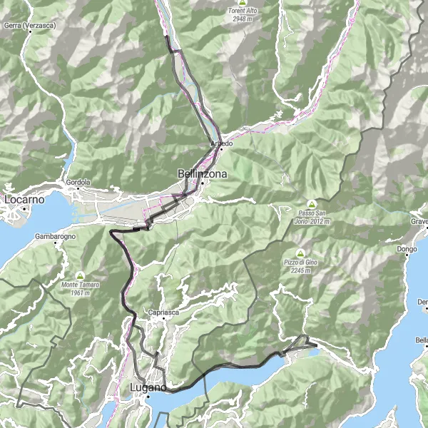 Zemljevid v pomanjšavi "Okoliš Carlazza - Lugano - Monte Ceneri - Bellinzona" kolesarske inspiracije v Lombardia, Italy. Generirano z načrtovalcem kolesarskih poti Tarmacs.app