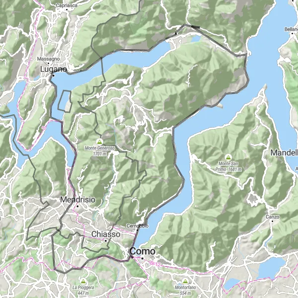 Zemljevid v pomanjšavi "Potovanje okoli Luganskega jezera" kolesarske inspiracije v Lombardia, Italy. Generirano z načrtovalcem kolesarskih poti Tarmacs.app