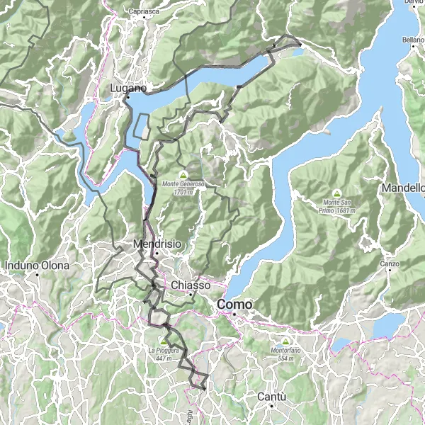 Miniatua del mapa de inspiración ciclista "Ruta en carretera desde Carlazzo hasta Mirandola" en Lombardia, Italy. Generado por Tarmacs.app planificador de rutas ciclistas