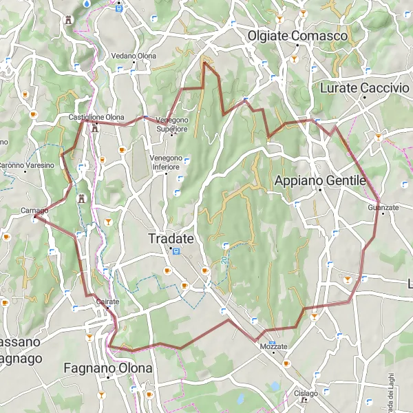 Kartminiatyr av "Carnago til Cairate grus sykkelrute" sykkelinspirasjon i Lombardia, Italy. Generert av Tarmacs.app sykkelrutoplanlegger
