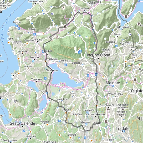 Mapa miniatúra "Náročná cestná cyklotrasa okolo Carnaga" cyklistická inšpirácia v Lombardia, Italy. Vygenerované cyklistickým plánovačom trás Tarmacs.app