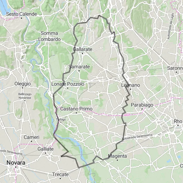 Mapa miniatúra "Road route to Turbigo" cyklistická inšpirácia v Lombardia, Italy. Vygenerované cyklistickým plánovačom trás Tarmacs.app