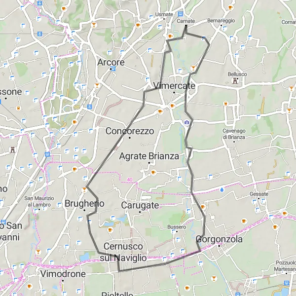 Mapa miniatúra "Cyklotrasa cez Vimercate a okolie" cyklistická inšpirácia v Lombardia, Italy. Vygenerované cyklistickým plánovačom trás Tarmacs.app