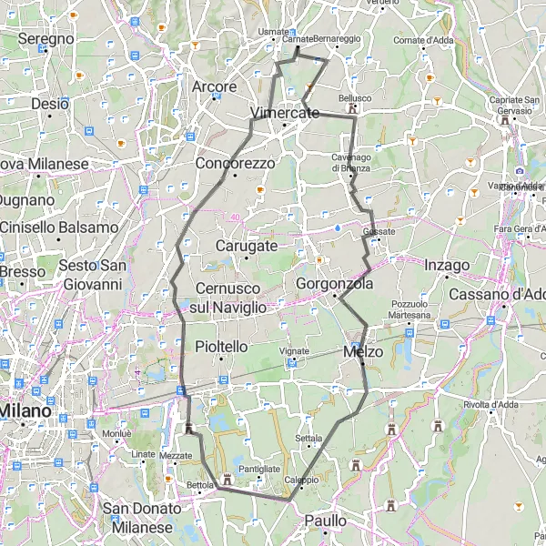 Mapa miniatúra "Cyklotúra okolo Melza, Settaly, Segrate a Concorezza" cyklistická inšpirácia v Lombardia, Italy. Vygenerované cyklistickým plánovačom trás Tarmacs.app