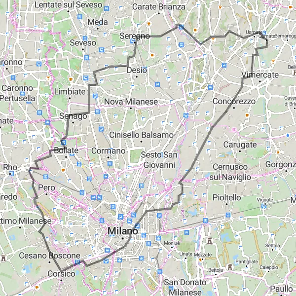 Miniatura della mappa di ispirazione al ciclismo "Viaggio tra Milanese e Brianza" nella regione di Lombardia, Italy. Generata da Tarmacs.app, pianificatore di rotte ciclistiche