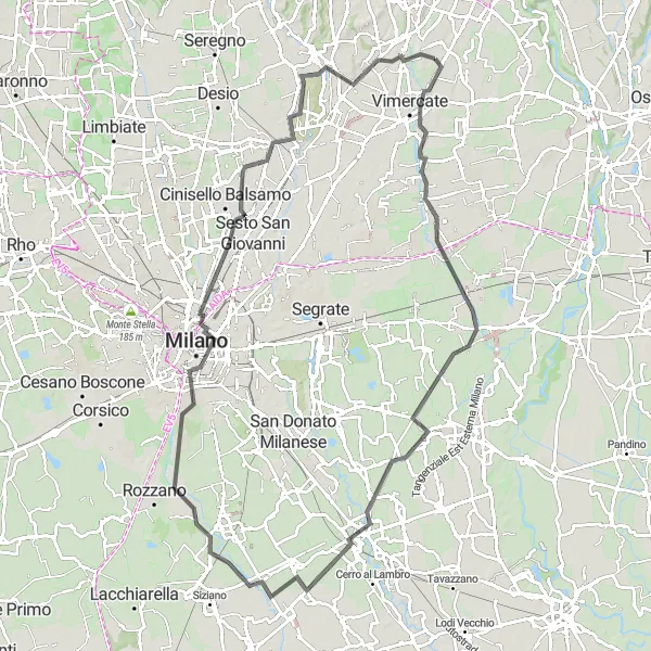 Map miniature of "Melegnano and Monza Loop" cycling inspiration in Lombardia, Italy. Generated by Tarmacs.app cycling route planner