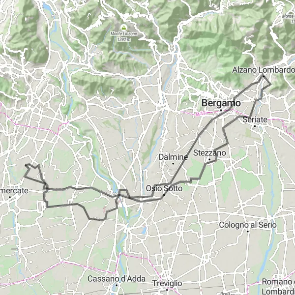 Miniaturní mapa "Explore Bergamo and Ruginello by Road Bike" inspirace pro cyklisty v oblasti Lombardia, Italy. Vytvořeno pomocí plánovače tras Tarmacs.app