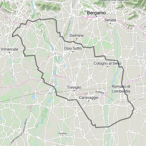 Mapa miniatúra "Okruh cez Ronco Briantino a Cologno al Serio" cyklistická inšpirácia v Lombardia, Italy. Vygenerované cyklistickým plánovačom trás Tarmacs.app