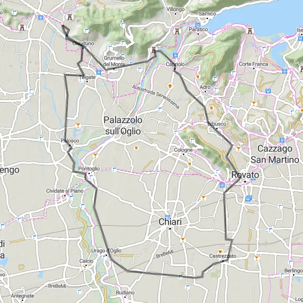 Miniatua del mapa de inspiración ciclista "Ruta de Carobbio degli Angeli a Pontoglio" en Lombardia, Italy. Generado por Tarmacs.app planificador de rutas ciclistas
