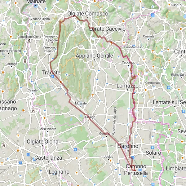 Miniaturní mapa "Gravel Route around Caronno Pertusella" inspirace pro cyklisty v oblasti Lombardia, Italy. Vytvořeno pomocí plánovače tras Tarmacs.app