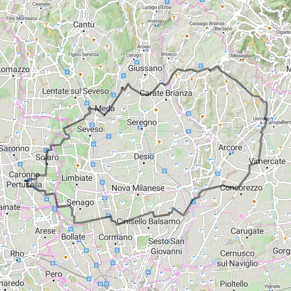 Map miniature of "From Caronno Pertusella to Barlassina and Cristo Re" cycling inspiration in Lombardia, Italy. Generated by Tarmacs.app cycling route planner