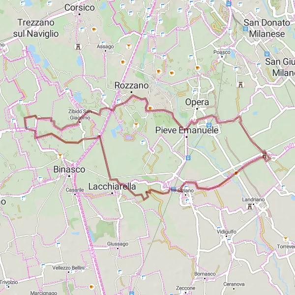 Zemljevid v pomanjšavi "Kolesarska pot okoli Carpiana" kolesarske inspiracije v Lombardia, Italy. Generirano z načrtovalcem kolesarskih poti Tarmacs.app