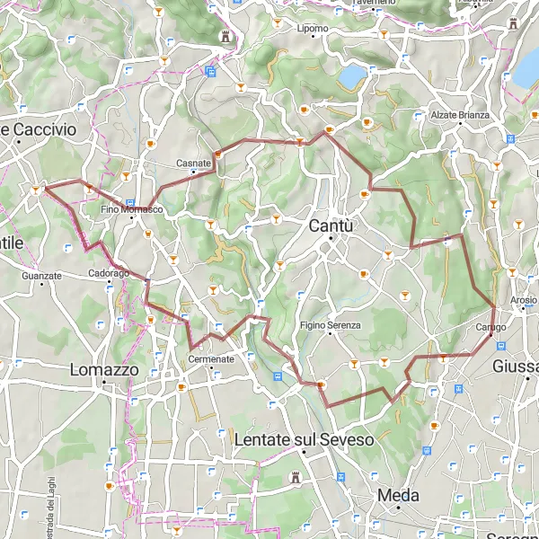 Map miniature of "Off-Road Adventure to Fino Mornasco and Novedrate" cycling inspiration in Lombardia, Italy. Generated by Tarmacs.app cycling route planner