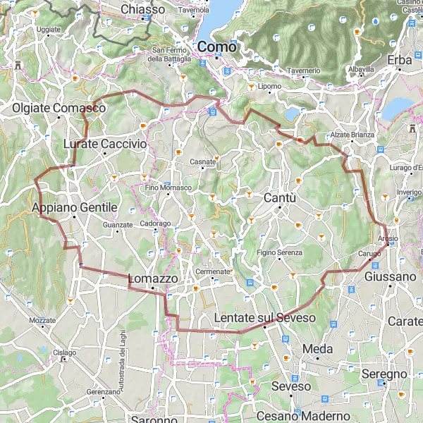 Miniatuurkaart van de fietsinspiratie "Gravelavontuur van Mariano Comense naar Arosio" in Lombardia, Italy. Gemaakt door de Tarmacs.app fietsrouteplanner