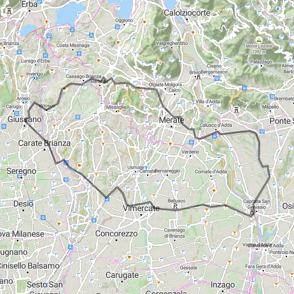 Map miniature of "Cassago Brianza to Giussano: Road Cycling Delight" cycling inspiration in Lombardia, Italy. Generated by Tarmacs.app cycling route planner