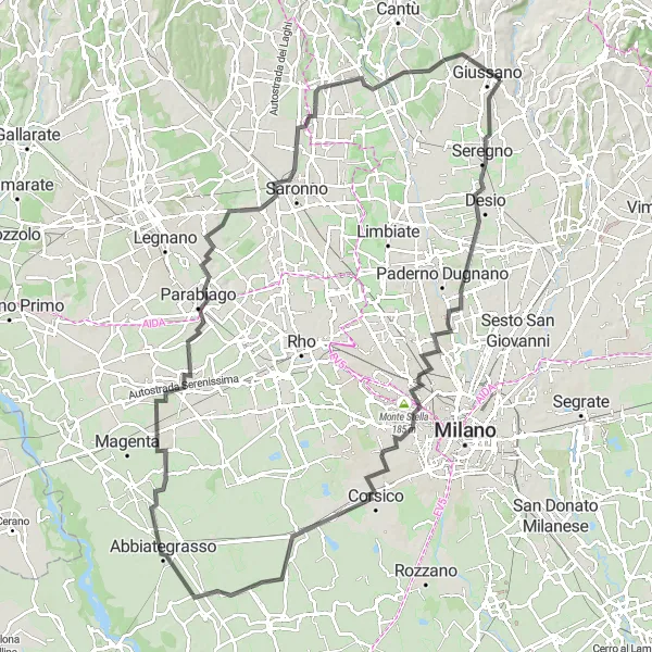 Miniatuurkaart van de fietsinspiratie "Uitdagende fietsroute van Desio naar Giussano" in Lombardia, Italy. Gemaakt door de Tarmacs.app fietsrouteplanner