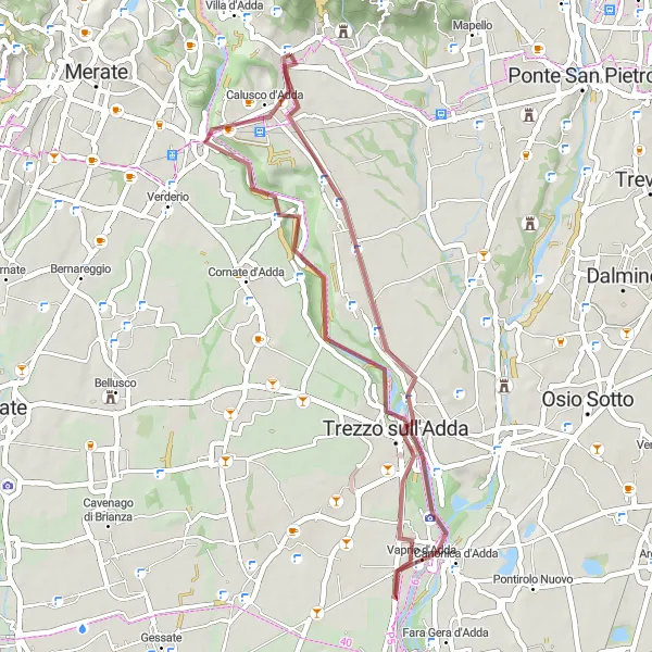 Miniatua del mapa de inspiración ciclista "Ruta de grava a través de Trezzo sull'Adda y Paderno d'Adda" en Lombardia, Italy. Generado por Tarmacs.app planificador de rutas ciclistas