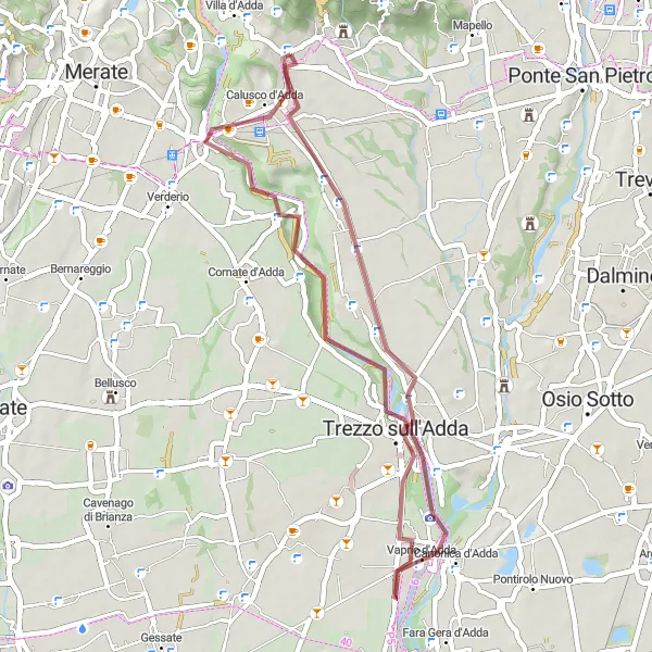 Zemljevid v pomanjšavi "Gravelska avantura: Trezzo sull'Adda - Crespi d'Adda - Paderno d'Adda - Monte Robbio" kolesarske inspiracije v Lombardia, Italy. Generirano z načrtovalcem kolesarskih poti Tarmacs.app