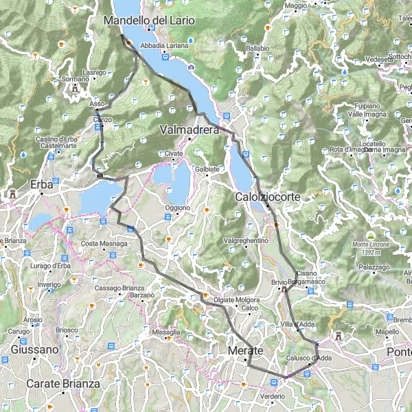 Mapa miniatúra "Okruh cez Merate a Lecco" cyklistická inšpirácia v Lombardia, Italy. Vygenerované cyklistickým plánovačom trás Tarmacs.app