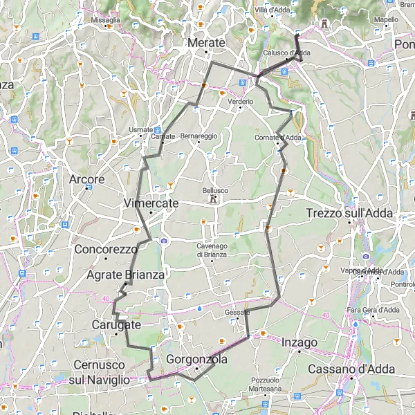 Miniatuurkaart van de fietsinspiratie "Pittoreske route van Carvico naar Paderno d'Adda" in Lombardia, Italy. Gemaakt door de Tarmacs.app fietsrouteplanner