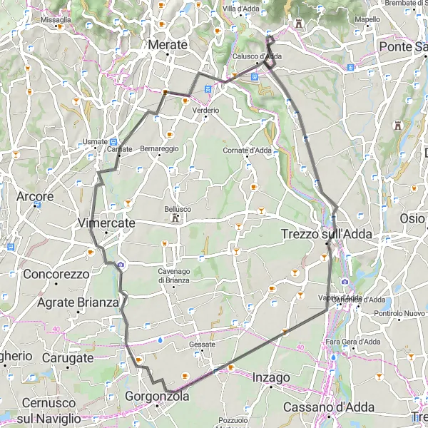 Mapa miniatúra "Cyklistická trasa okolo Carvico - Bottanuco - Gorgonzola - Caponago - Ronco Briantino - Monte Robbio - Carvico" cyklistická inšpirácia v Lombardia, Italy. Vygenerované cyklistickým plánovačom trás Tarmacs.app