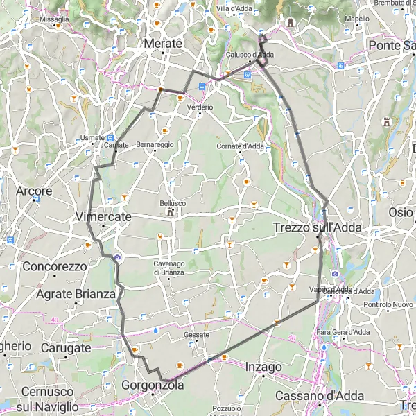 Zemljevid v pomanjšavi "Raziskovanje vzhodne Lombardije: Bottanuco - Gorgonzola - Caponago - Ronco Briantino - Monte Robbio - Carvico" kolesarske inspiracije v Lombardia, Italy. Generirano z načrtovalcem kolesarskih poti Tarmacs.app