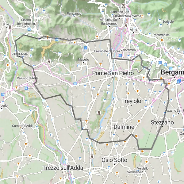 Map miniature of "The Picturesque Cisano Bergamasco to Calusco d'Adda Loop" cycling inspiration in Lombardia, Italy. Generated by Tarmacs.app cycling route planner