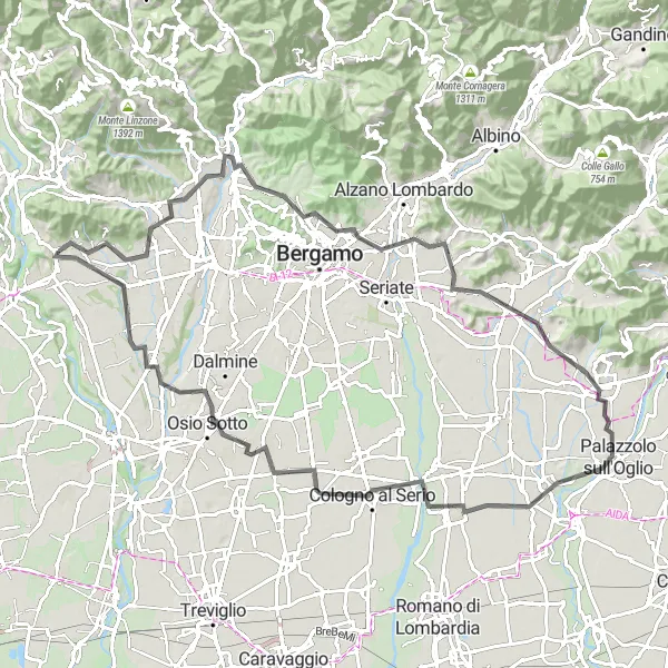 Miniature de la carte de l'inspiration cycliste "Le tour des collines de Carvico" dans la Lombardia, Italy. Générée par le planificateur d'itinéraire cycliste Tarmacs.app